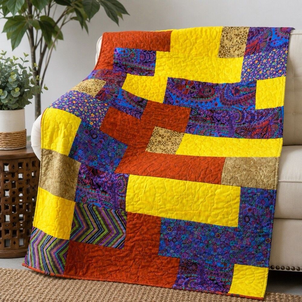Handmade Groovy Patchwork Lap Quilt 46x38 Batik Paisley Floral Retro Boho Throw
